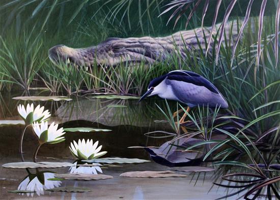 John Davis Crocodile and heron beside lily pads, 29 x 42in.